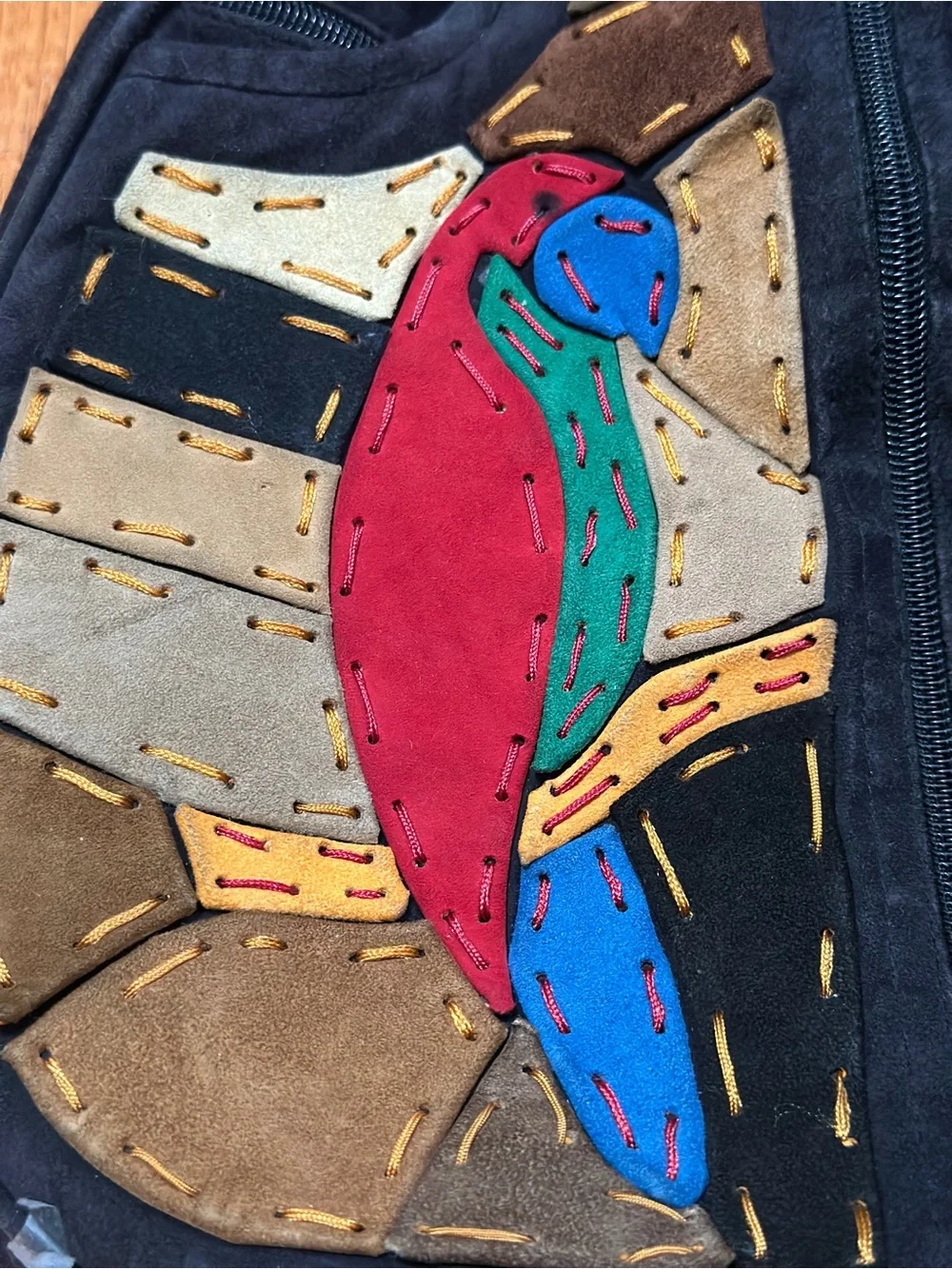 Black Suede Bird Carrier Backpack with Red & Blue Parrot Design